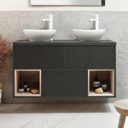 Homestylestore Black Grey 1200mm Led Lit Wall Hung Bathroom Vanity Unit Oval Chalk Countertop Basins Open Shelves - thumbnail 2