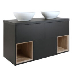 Homestylestore Black Grey 1200mm Led Lit Wall Hung Bathroom Vanity Unit Oval Chalk Countertop Basins Open Shelves - thumbnail 1