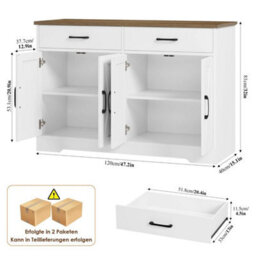 White 120Cmsideboard Kitchen Cabinets With 2 Drawers, Wooden Storage Cupboard Cabinet - thumbnail 2