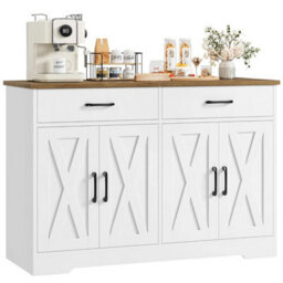 White 120Cmsideboard Kitchen Cabinets With 2 Drawers, Wooden Storage Cupboard Cabinet - thumbnail 1