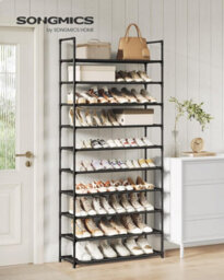 Songmics 10-Tier Shoe Rack, Shoe Shelf, Shoe Storage Organiser, Space-Saving, 28 X 83 X 173 Cm, Metal Frame