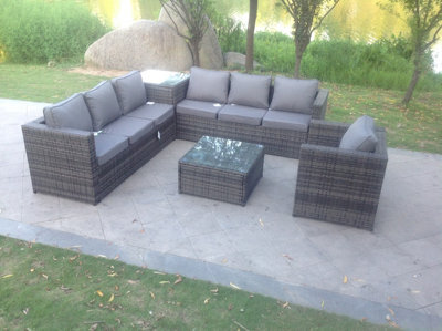 Fimous Dark Mixed Grey Outdoor Rattan Garden Furniture Set Corner Sofa Set 2 Coffee Tables With Arm Chair - image 1