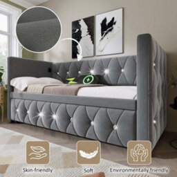 Btm 3Ft Single Daybed Sofa Bed With Usb  Type C Charging, Velvet Upholstered With Pull Out Trundle, Grey - thumbnail 6