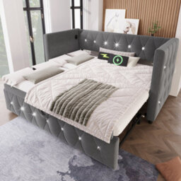 Btm 3Ft Single Daybed Sofa Bed With Usb  Type C Charging, Velvet Upholstered With Pull Out Trundle, Grey - thumbnail 5