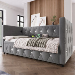 Btm 3Ft Single Daybed Sofa Bed With Usb  Type C Charging, Velvet Upholstered With Pull Out Trundle, Grey - thumbnail 2