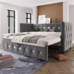 Btm 3Ft Single Daybed Sofa Bed With Usb  Type C Charging, Velvet Upholstered With Pull Out Trundle, Grey - thumbnail 4