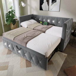Btm 3Ft Single Daybed Sofa Bed With Usb  Type C Charging, Velvet Upholstered With Pull Out Trundle, Grey