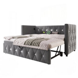 Btm 3Ft Single Daybed Sofa Bed With Usb  Type C Charging, Velvet Upholstered With Pull Out Trundle, Grey - thumbnail 9