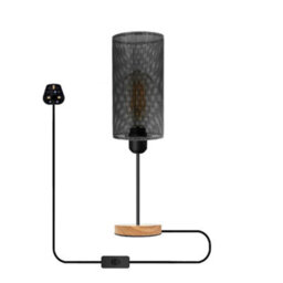 Modern Bedside Table Lamp With Wooden Stand, Metal Cage , On Off Switch , Brushed Silver