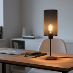 Modern Bedside Table Lamp With Wooden Stand, Metal Cage , On Off Switch , Brushed Silver - thumbnail 2