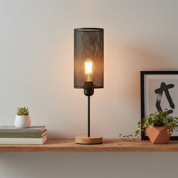 Modern Bedside Table Lamp With Wooden Stand, Metal Cage , On Off Switch , Brushed Silver - thumbnail 3