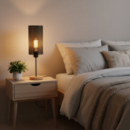 Modern Bedside Table Lamp With Wooden Stand, Metal Cage , On Off Switch , Brushed Silver - thumbnail 4
