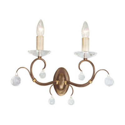 Elegant Twin Wall Light With Crystal Cut Glass Spheres In Bronze Patina Finish