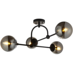 Loops Semi Flush Low Ceiling Pendant & 2X Matching Wall Lights - Matt Black Frame Grey Tinted Glass Shade Set - thumbnail 2