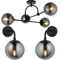 Loops Semi Flush Low Ceiling Pendant & 2X Matching Wall Lights - Matt Black Frame Grey Tinted Glass Shade Set