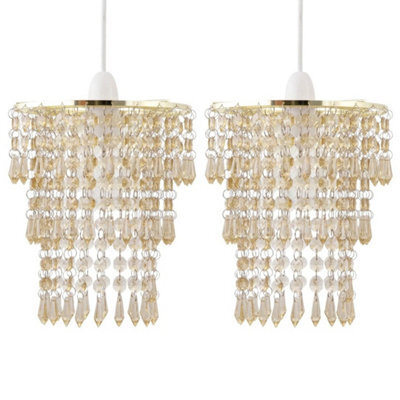 Set Of 2 Modern Easy Fit Ceiling Light Shades Gold Amber Acrylic Crystal Jewels - image 1