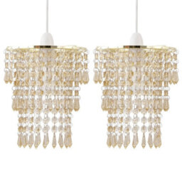 Set Of 2 Modern Easy Fit Ceiling Light Shades Gold Amber Acrylic Crystal Jewels - thumbnail 1