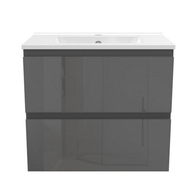 Sline 600mm Wall-Hung Gloss Anthracite Bathroom Vanity Unit With Integrated Sink,2 Soft-Close Drawers For Storage - image 1