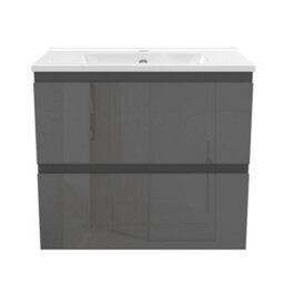 Sline 600mm Wall-Hung Gloss Anthracite Bathroom Vanity Unit With Integrated Sink,2 Soft-Close Drawers For Storage - thumbnail 1
