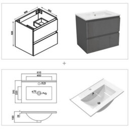 Sline 600mm Wall-Hung Gloss Anthracite Bathroom Vanity Unit With Integrated Sink,2 Soft-Close Drawers For Storage - thumbnail 2