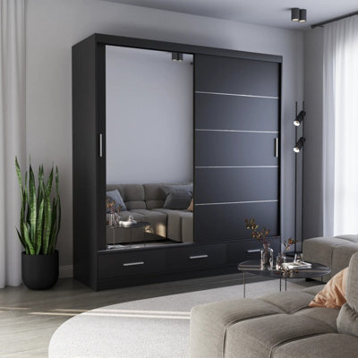 Florence Sliding Wardrobe With Mirror Versatile Freestanding Storage Unit For Bedroom Or Living Room Black With Mirror - image 1