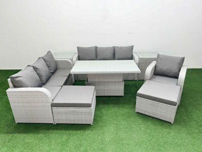 Fimous 9 Seater Poly Rattan Outdoor Garden Furniture Adjustable Lifting Dining Or Coffee Table Sofa Set 2 Side Table Light Grey - image 1
