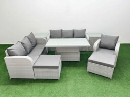 Fimous 9 Seater Poly Rattan Outdoor Garden Furniture Adjustable Lifting Dining Or Coffee Table Sofa Set 2 Side Table Light Grey - thumbnail 1