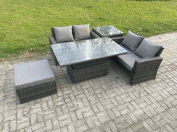 Fimous 5 Pieces Garden Furniture Sets Rattan Outdoor Patio Height Adjustable Rising Lifting Table Sofa Dining Set With Side Table - thumbnail 2
