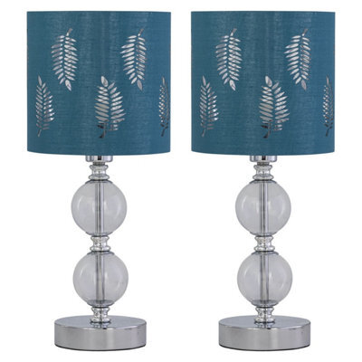 First Choice Lighting Set Of 2 Chrome Two Ball Table Lamps With Teal Fern Shades - image 1