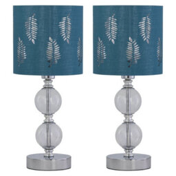 First Choice Lighting Set Of 2 Chrome Two Ball Table Lamps With Teal Fern Shades