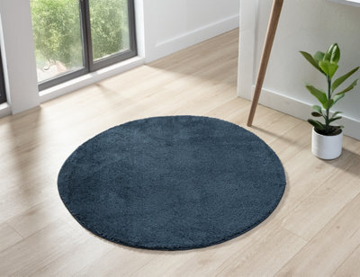 Comfy Washable Low Pile Living Room Area Rug - Anti-Slip Felt Backing Navy 100Cm Diameter - image 1
