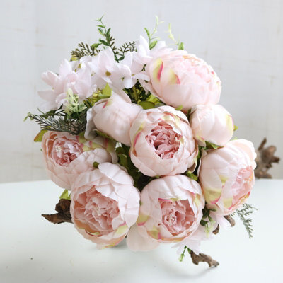 Lifelike Silk Peony Artificial Flower Bouquet - 13 Heads, Blush Pink For Wedding & Home Decor - image 1