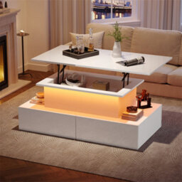 Abrihome 90X55X42.5Cm Led High Gloss Lift-Top Coffee Table, Modern Rectangular Wooden Table With 4 Drawers & Hidden Storage, White - thumbnail 1