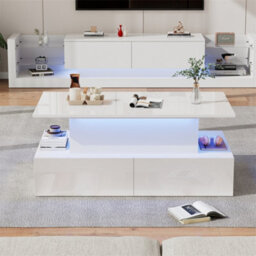 Abrihome 90X55X42.5Cm Led High Gloss Lift-Top Coffee Table, Modern Rectangular Wooden Table With 4 Drawers & Hidden Storage, White - thumbnail 8