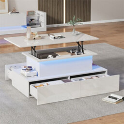 Abrihome 90X55X42.5Cm Led High Gloss Lift-Top Coffee Table, Modern Rectangular Wooden Table With 4 Drawers & Hidden Storage, White - thumbnail 9