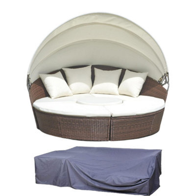 Evre Seychelles Day Sun Bed Rattan Round Outdoor Garden Furniture Set With Extendable Canopy Table 5 Pieces Brown With Cover - image 1