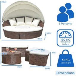 Evre Seychelles Day Sun Bed Rattan Round Outdoor Garden Furniture Set With Extendable Canopy Table 5 Pieces Brown With Cover - thumbnail 4
