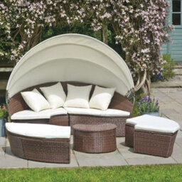 Evre Seychelles Day Sun Bed Rattan Round Outdoor Garden Furniture Set With Extendable Canopy Table 5 Pieces Brown With Cover - thumbnail 3