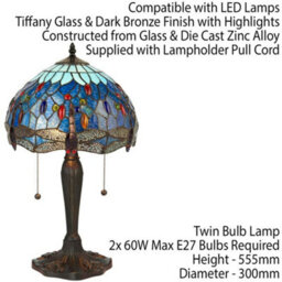 Tiffany Glass Table Lamp Light Dark Bronze Base & Blue Dragonfly Shade I00193 - thumbnail 2
