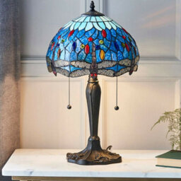Tiffany Glass Table Lamp Light Dark Bronze Base & Blue Dragonfly Shade I00193 - thumbnail 3