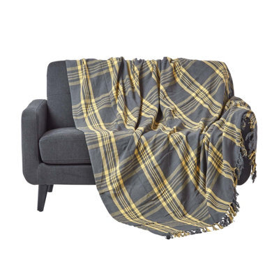 Homescapes Grey & Yellow Tartan Check Sofa And Bed Throw, 150 X 200 Cm - image 1