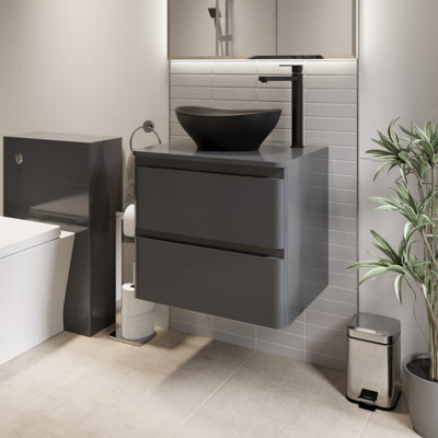 Affine 600mm Bathroom Countertop Vanity Unit Oval Basin Wall Hung Soft Close Grey Gloss - image 1