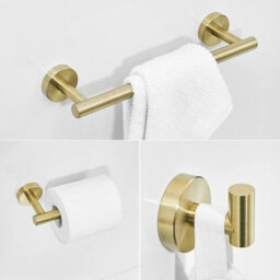 3 Piece Stainless Steel Bathroom Accessories Set Towel Bar Toilet Paper Holder Hook Brushed Gold Finish - thumbnail 4