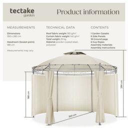 Tectake Gazebo Siana - 3.5 M Diameter, Water-Repellent, 6 Side Panels, Double Roof System   350 X 280 Cm - Cream - thumbnail 6