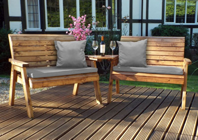 Charles Taylor Trading Charles Taylor Wooden Twin Garden 2 Seater Bench Set Angled & Grey Cushion - image 1