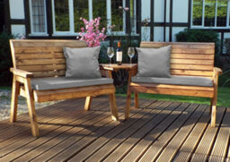 Charles Taylor Trading Charles Taylor Wooden Twin Garden 2 Seater Bench Set Angled & Grey Cushion