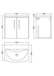 Balterley  Contemporary Bathroom 2-Door Wall-Hung Curved Basin Vanity Unit, Gloss White, 600mm - thumbnail 2
