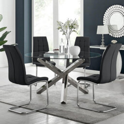 Furniturebox Uk Vogue Large Round Chrome Metal Clear Glass Dining Table And 4 Black Murano Dining Chairs Set - thumbnail 1