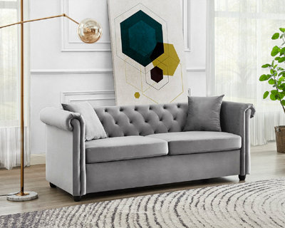 Home Detail Ascot 3-Seater Velvet Chesterfield Sofa With Matching Scatter Cushions, Grey Velvet - image 1