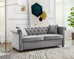 Home Detail Ascot 3-Seater Velvet Chesterfield Sofa With Matching Scatter Cushions, Grey Velvet